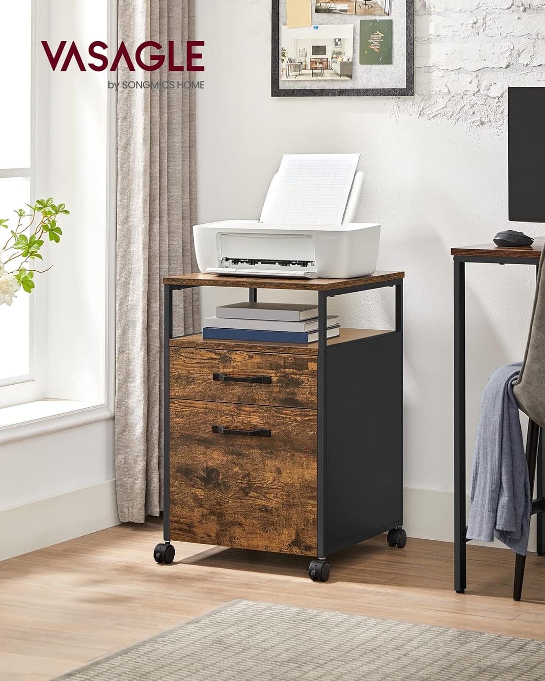 VASAGLE Dulap mobil tip rollbox pentru birouri, cu 2 sertare, stil industrial, 44x42x67cm, maro rustic
