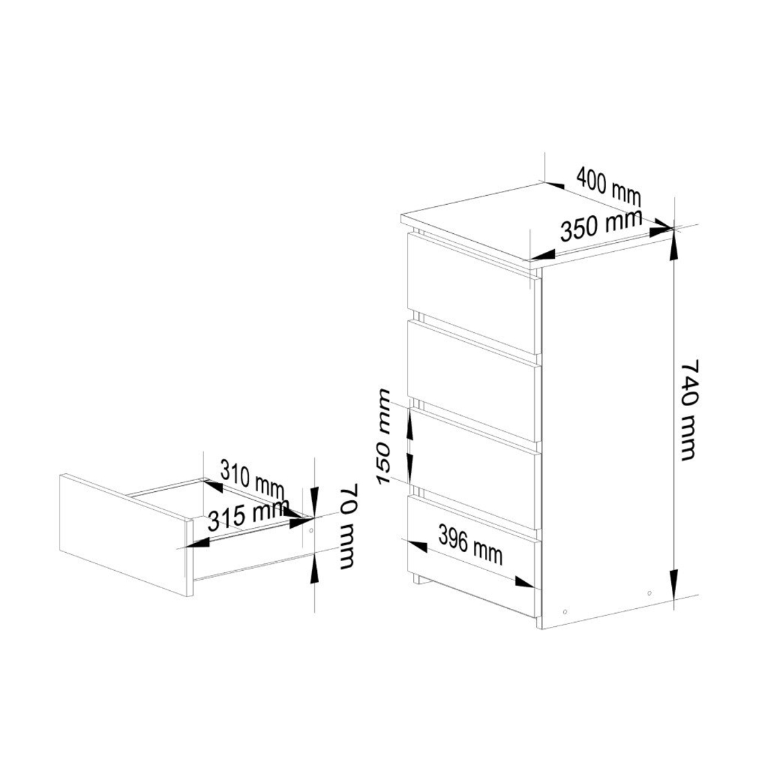 Comoda cu 4 sertare, PAL laminat 16mm, 40x35x74 cm, stejar sonoma si alb