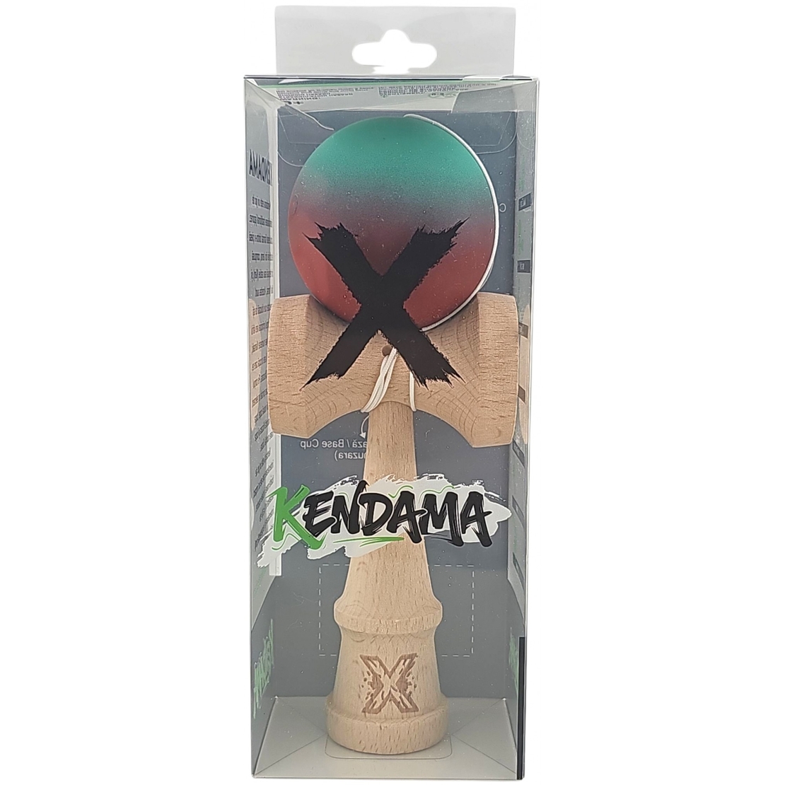 Kendama X Originala, Profesionala, Flippy, din Lemn, Rubber Grip, 18 cm, Rosu/Verde