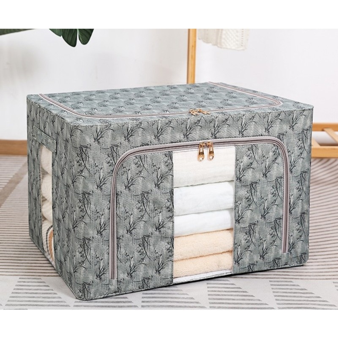 Cutie Depozitare, Vafy, 66L, din Material Textil, 50 x 40 x 33 cm, pentru Haine si Lenjerii, Model Bambus, Verde