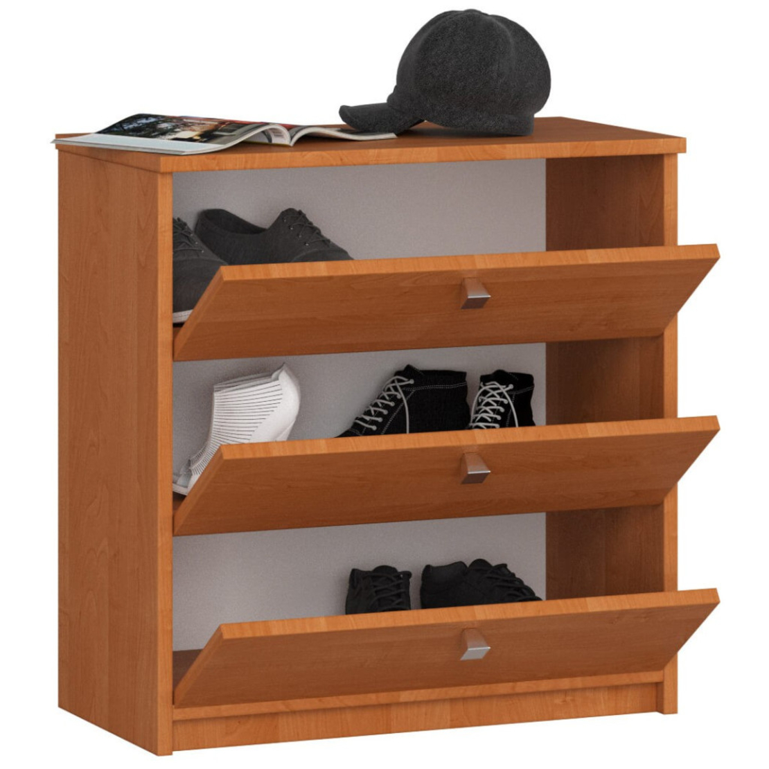 Dulap pantofi MINI cu 3 usi rabatabile, PAL laminat 16 mm, 60x31x62 cm, maro arin