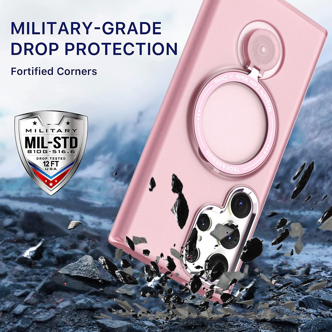 Husa de protectie Vafy, cu incarcare Wireless, Tehnologie Magsafe, TPU, Inel magnetic rotativ cu functie de suport, pentru Samsung Galaxy S23 Ultra , Rose Gold