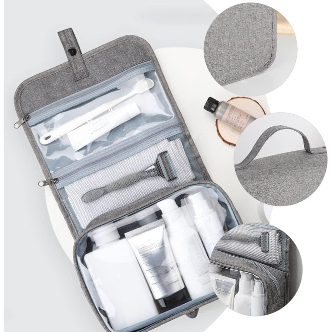 Geanta cosmetice voiaj, Flippy, material panza, impermeabil, 3 compartimente, cu agatatoare, Gri, 47 x 28 x 20 cm