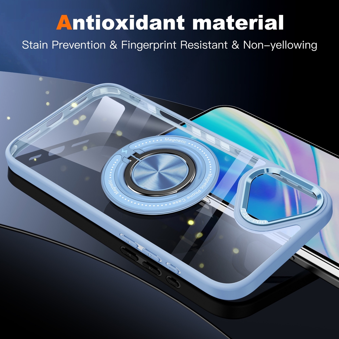 Husa de Protectie TPU, Vafy, pentru iPhone 16, Anticadere, cu Incarcare Wireless, Tehnologie Magsafe, Inel Magnetic Rotativ cu Functie de Suport, Transparent-Albastru Deschis