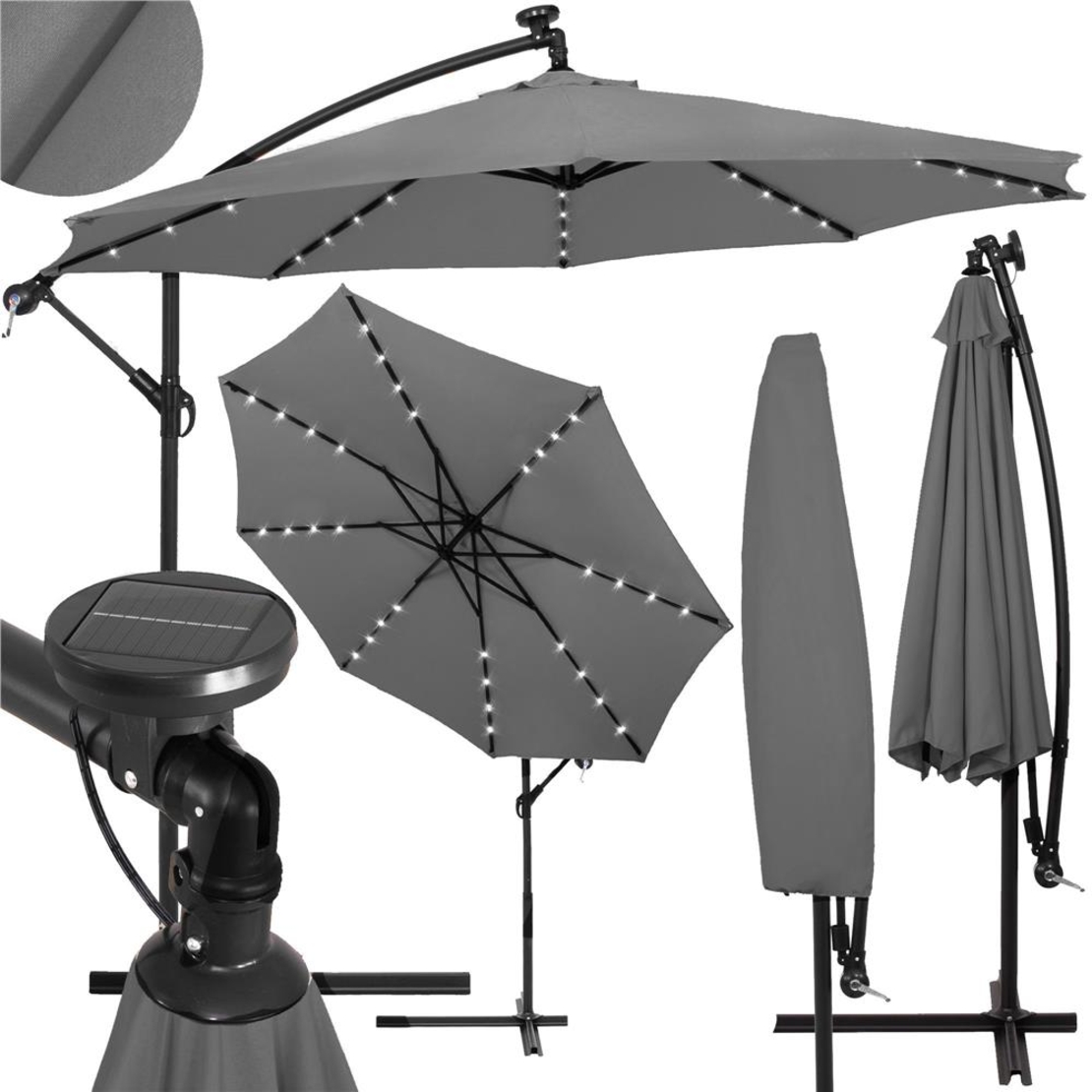 Umbrela de gradina cu brat lateral banana, iluminare LED, cu husa, 300cm, gri