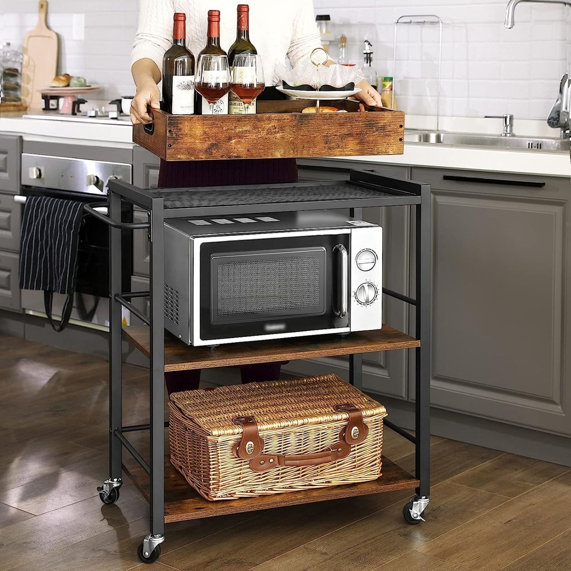 VASAGLE Carucior de servire pe roti pentru bucatarie, 3 polite, tava detasabila, stil industrial, 40x72x86cm, maro rustic