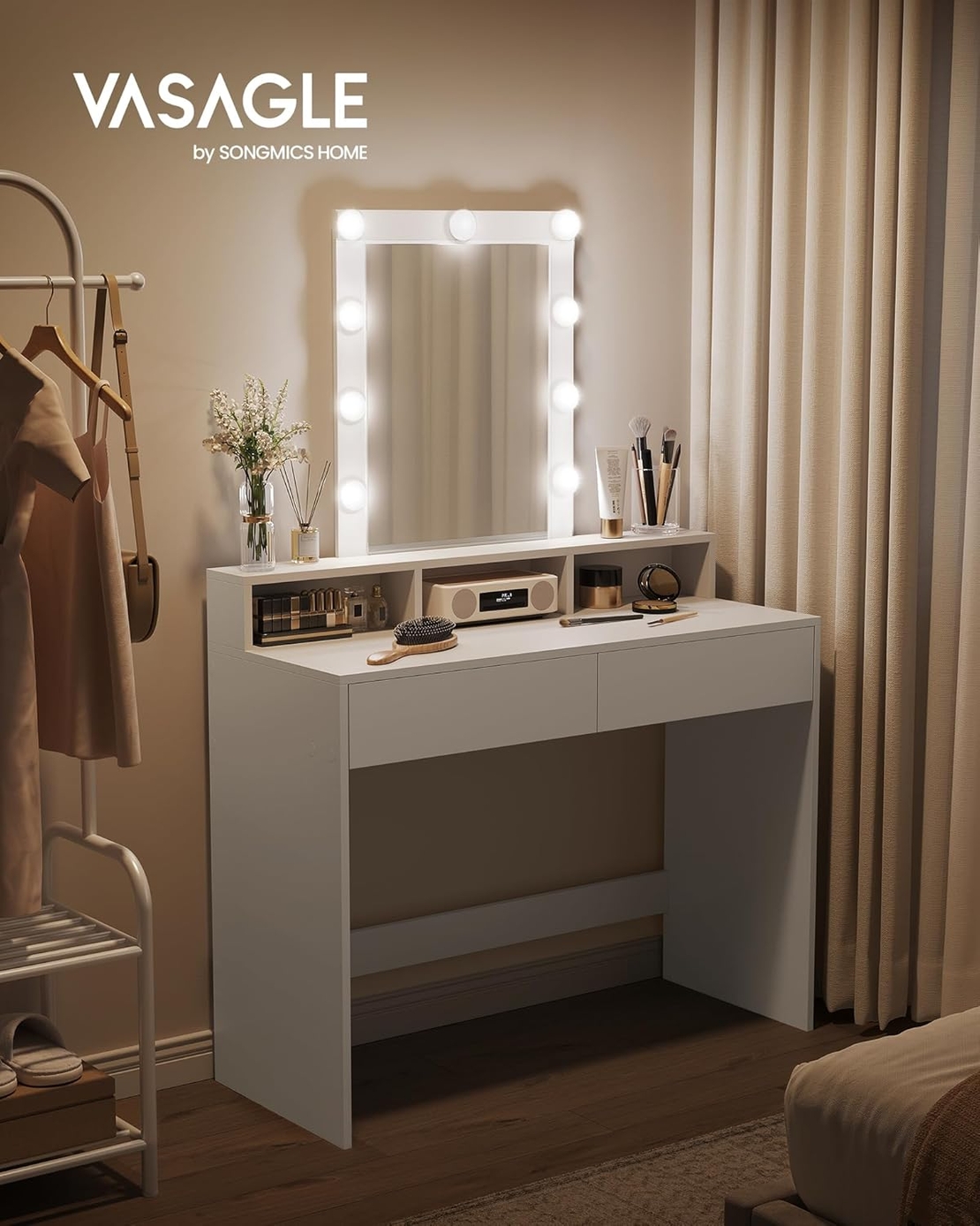VASAGLE Masa de toaleta cu oglinda LED cu luminozitate reglabila, 2 sertare si 3 compartimente, 100x40x145 cm, alb