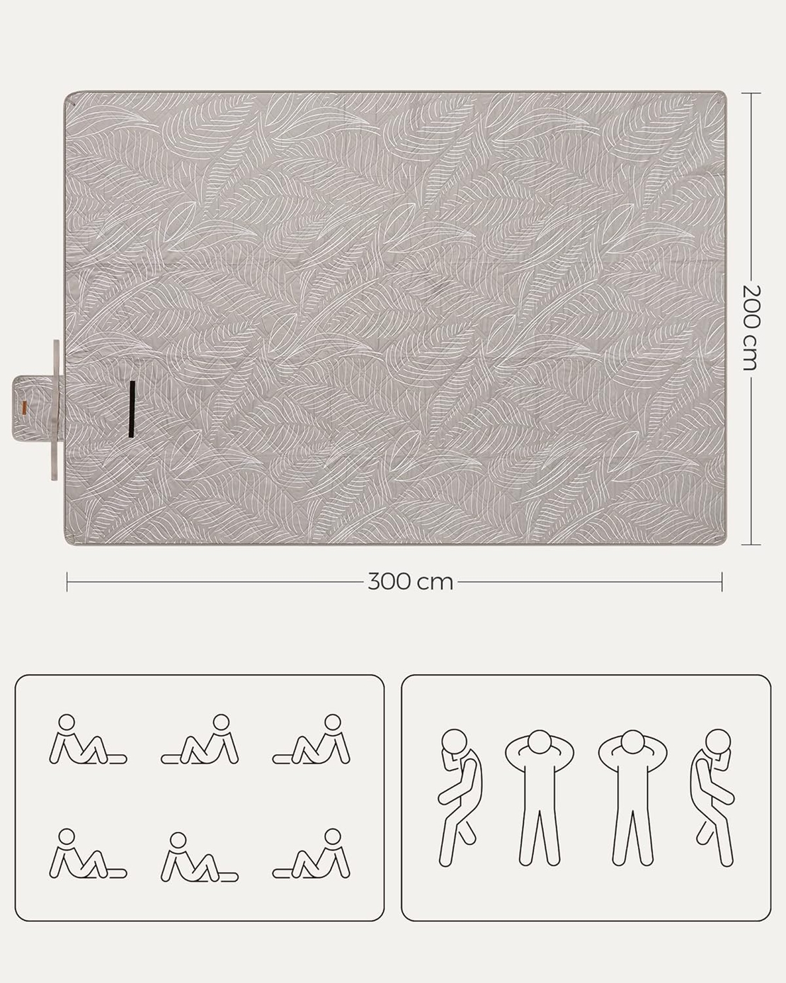 SONGMICS Patura picnic impermeabila 300x200 cm, cu ancore de fixare, pliabila, lavabila, multistrat, kaki cu model tropical