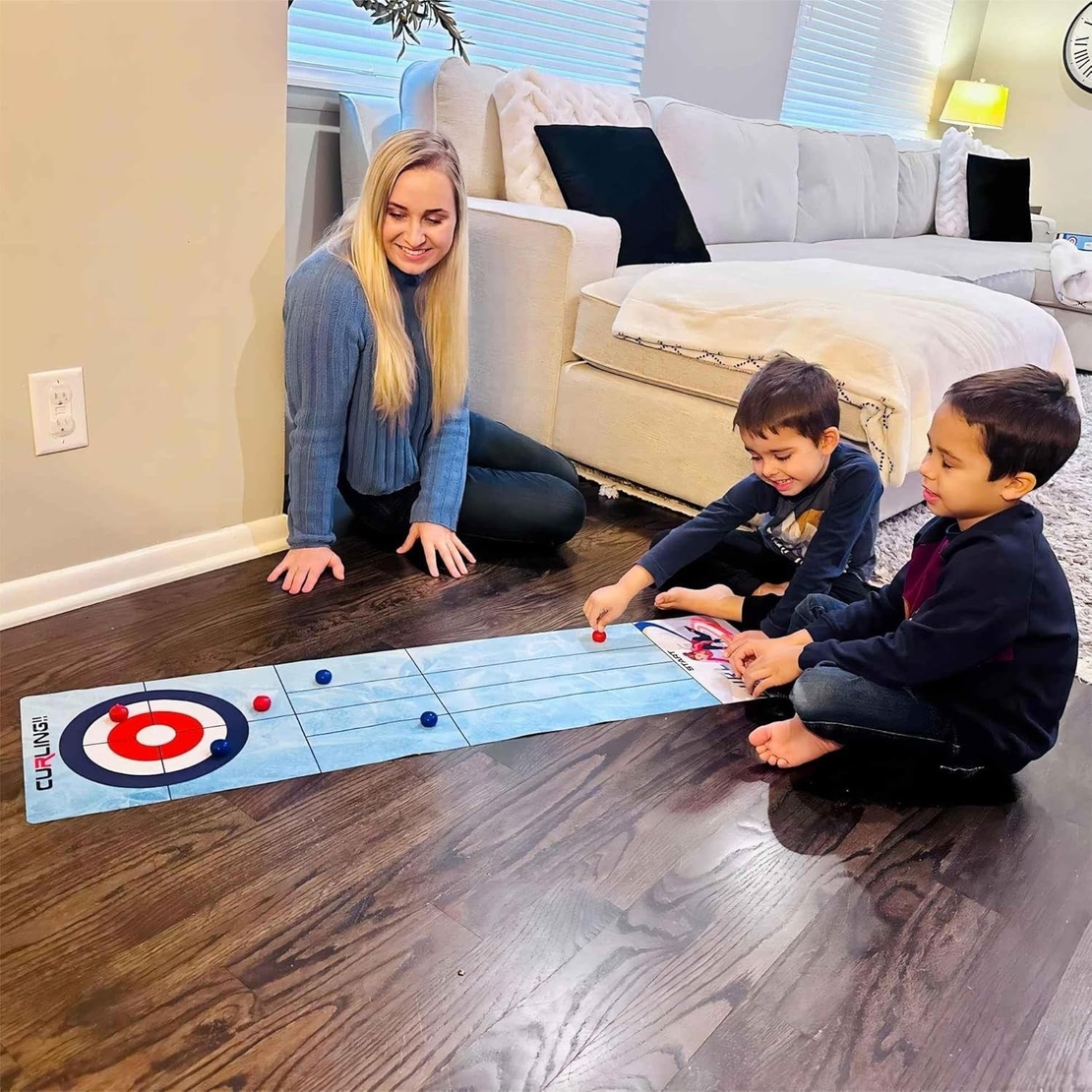Joc Interactiv, Flippy, Covor de Curling 90 x 20 cm, 1-4 Jucatori, +5 Ani, 6 Mingi Incluse, Albastru