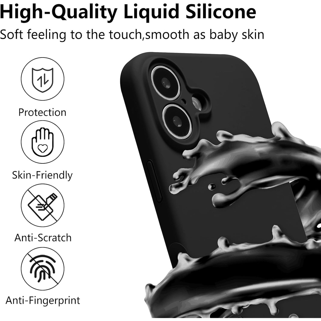 Husa de Protectie, Vafy, pentru iPhone 16 Plus, Liquid Silicone, cu Microfibra pe Interior, Protectie Antisoc, Compatibil Incarcare Wireless, Negru