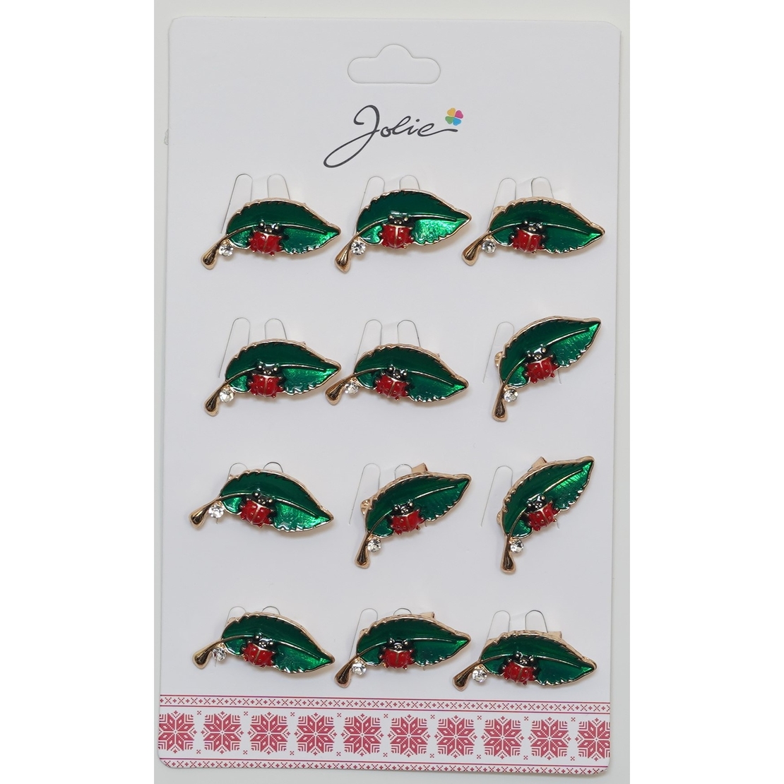 Brose Martisor, Jolie, Set 12 Bucati, Model Primavara Buburuza pe Frunza, Brose din Metal, Aspect Lacuit, Multicolor