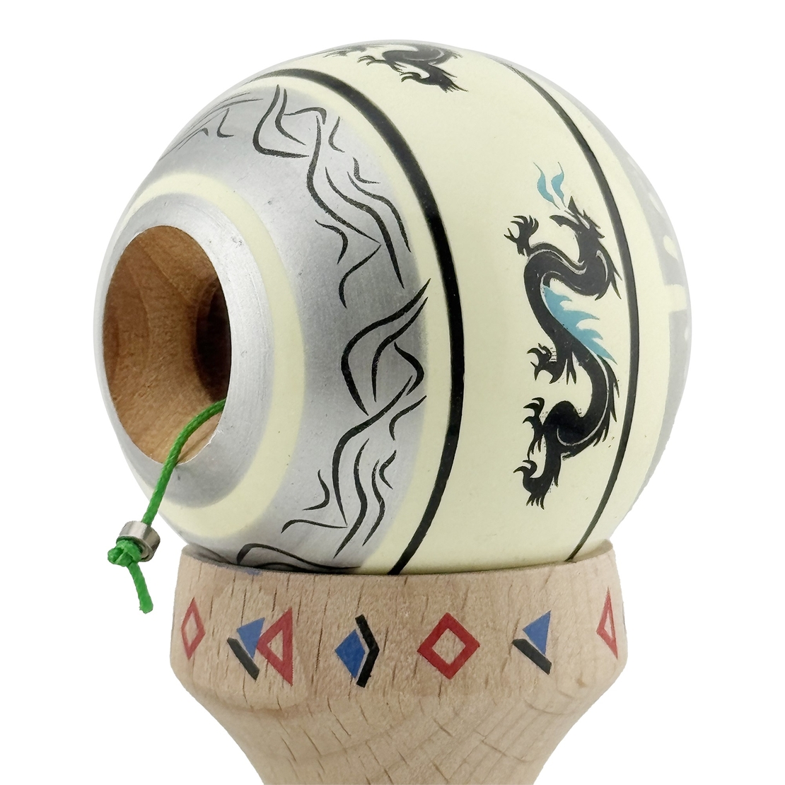 Kendama X Originala, Profesionala, Flippy, DRAGON Series, Super Sticky cu Cupe Mari King Size V3, Rulment Metalic si Gaura in Baza, din Lemn 18 cm, Ata 62/65 cm, Gri/Verde deschis