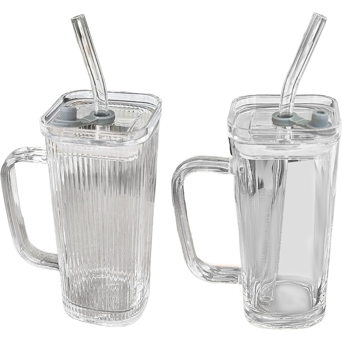 Pahar pentru Racoritoare, Vafy, din Sticla, 330 ml, cu Pai si Maner, Model Clear Dungi Verticale, Transparent