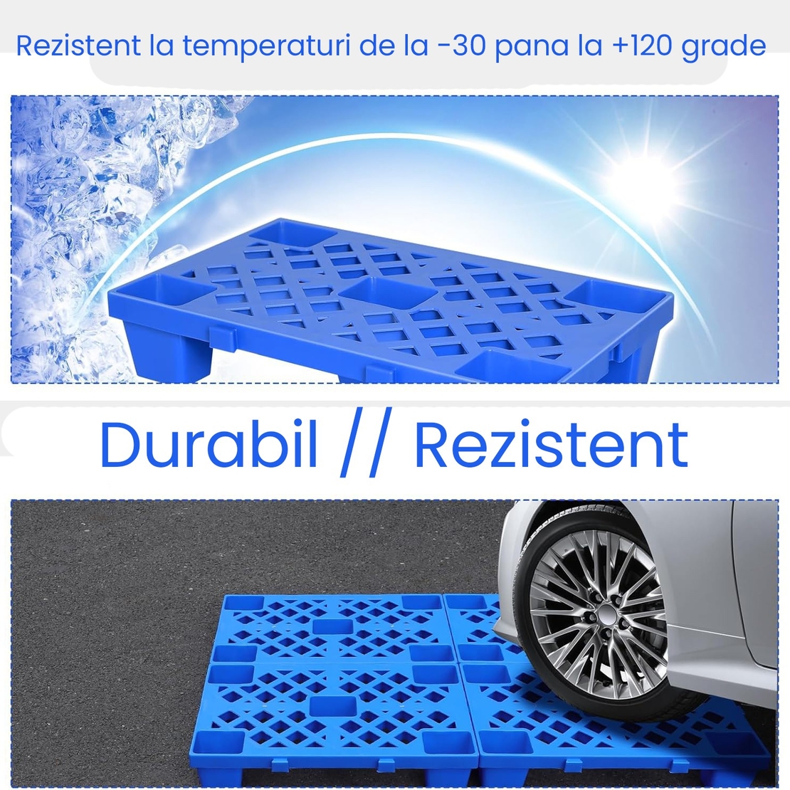 Palet de Transport, Flippy, 40 x 40 x 10 cm, din Plastic durabil, Palet pentru Stivuitor in Depozit, Rezistent la Umiditate, Grila Ingrosata, 5 Picioare, Albastru