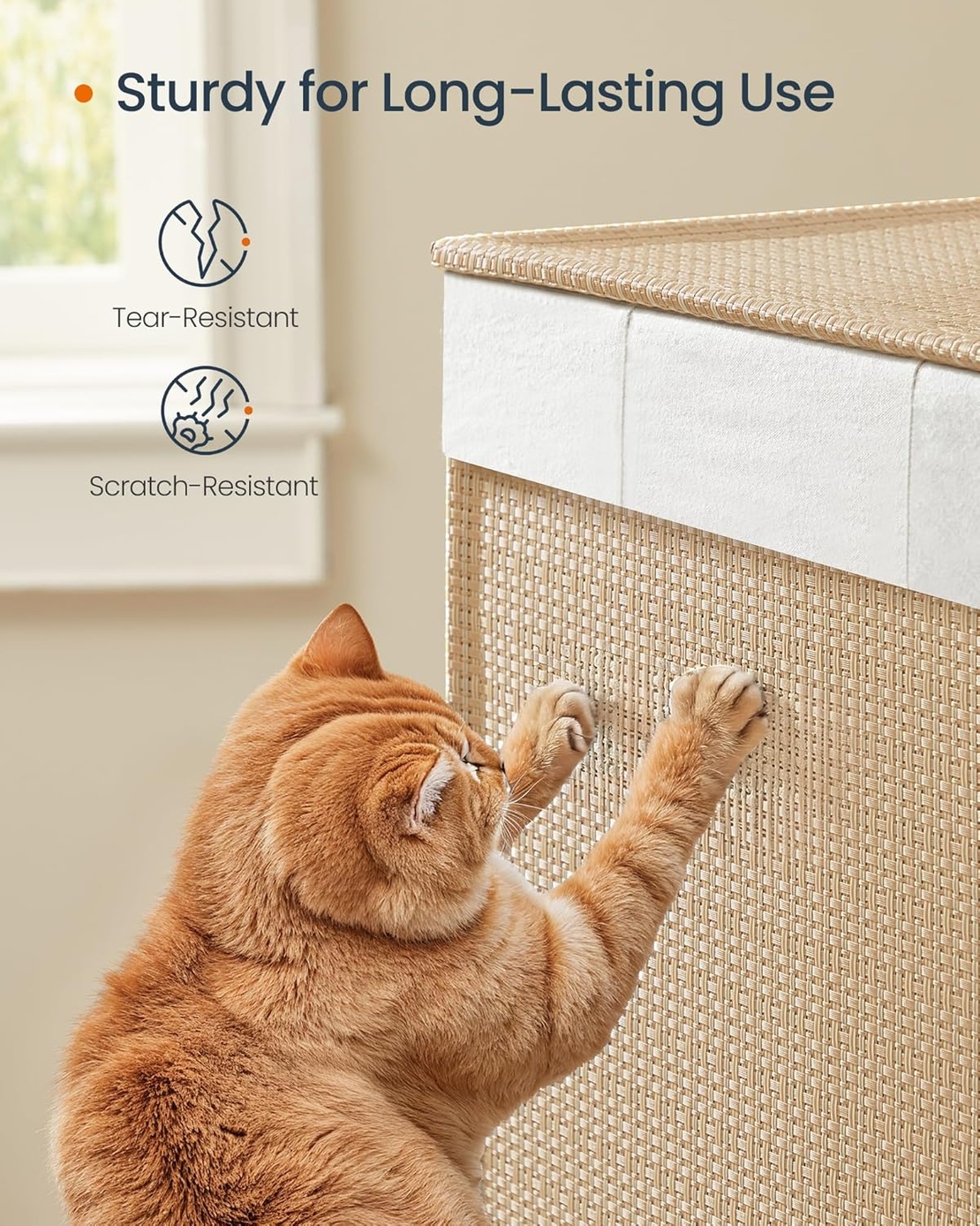 SONGMICS Cos rufe din tesatura tip ratan, 140L cu 3 compartimente si roti, 66x38x65 cm, bej natur