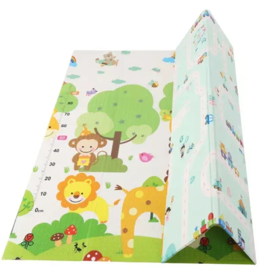 Covoras pentru Copii, Flippy, cu 2 Fete, Model Drum/Safari, din XPE+PE, Impermeabil, Antiderapant, Protectie Termica, +3 Luni, Pliabil, 150 x 200 x 1 cm, Multicolor