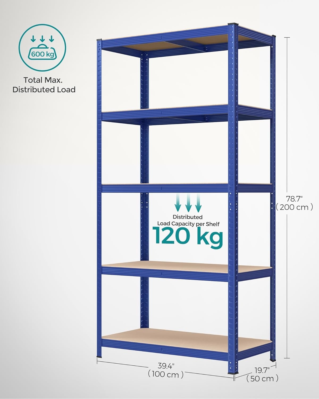 SONGMICS Raft de depozitare metalic, cu rafturi din PAL, 5 polite, max. 600 kg, 200x100x50cm, albastru