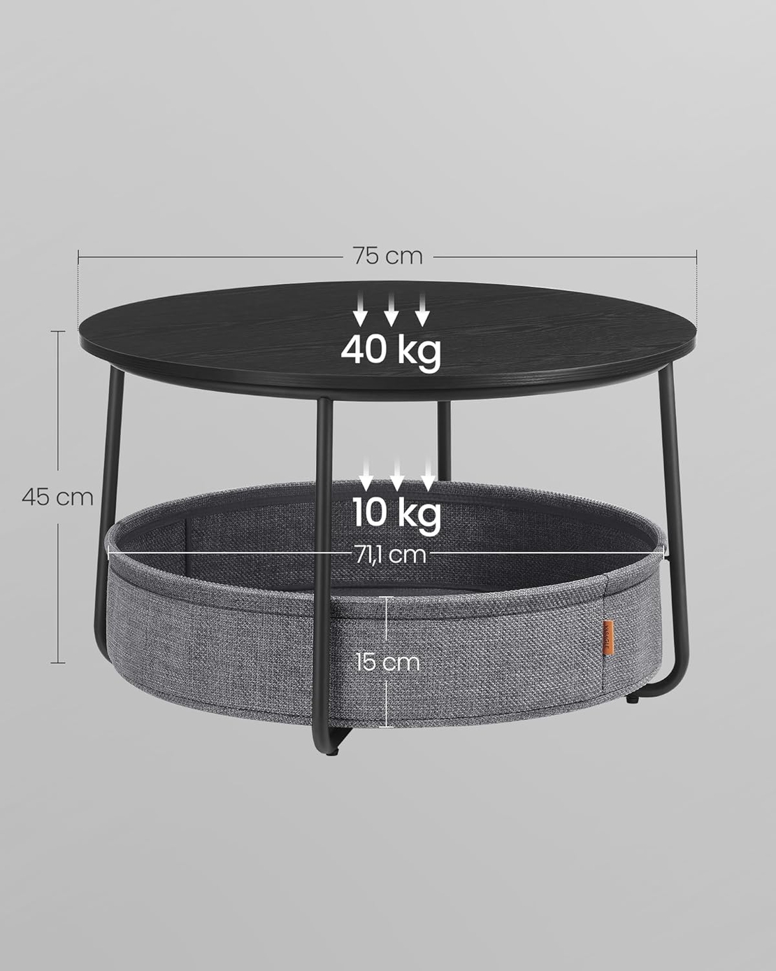 VASAGLE Masuta de cafea rotunda cu cos de stofa, stil modern, 45x75cm, negru cu gri