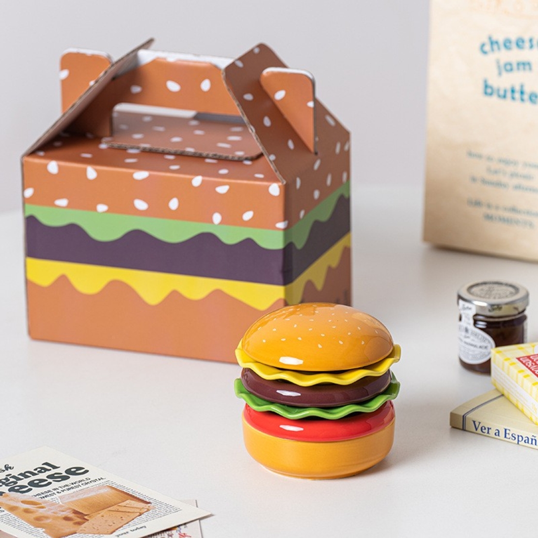 Set Farfurii Ceramice sub Forma de Burger, din Ceramica, pentru Sosuri si Gustari, Mini Farfurii Stivuibile, Multicolor