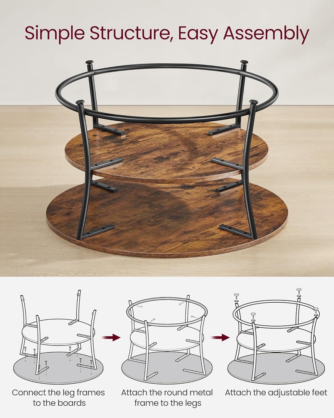 VASAGLE Masuta de cafea rotunda cu raft, cadru metalic, stil industrial, 80x45 cm, maro rustic