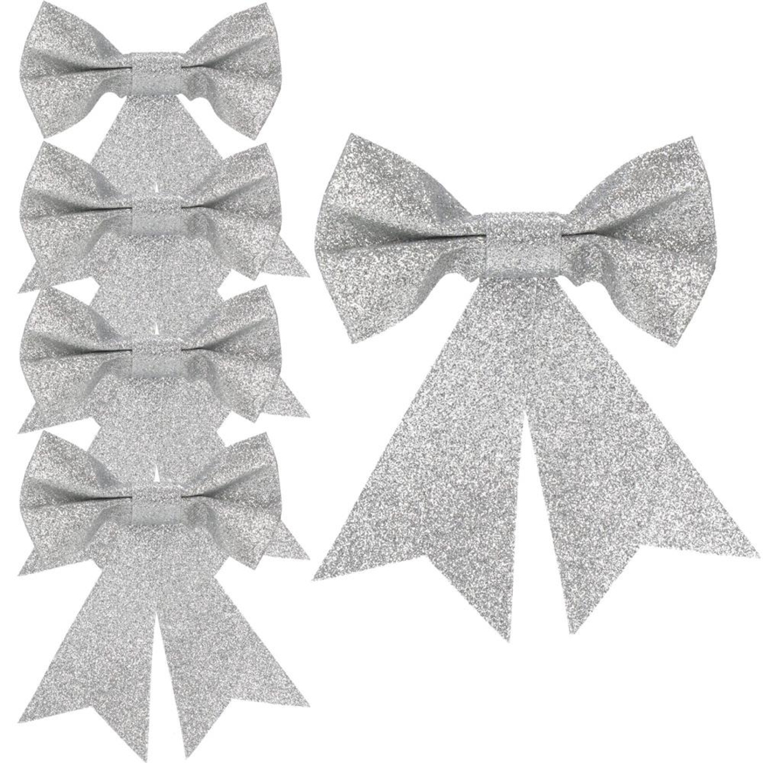 Set 4 ornamente pentru bradul de Craciun, fundita, 13cm, argintiu