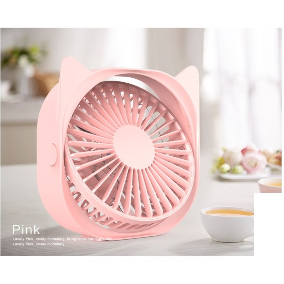 Mini ventilator pentru birou cu usb, Vafy, rotire 360 grade, 3 viteze, 13.5 x 12,8 cm, Roz