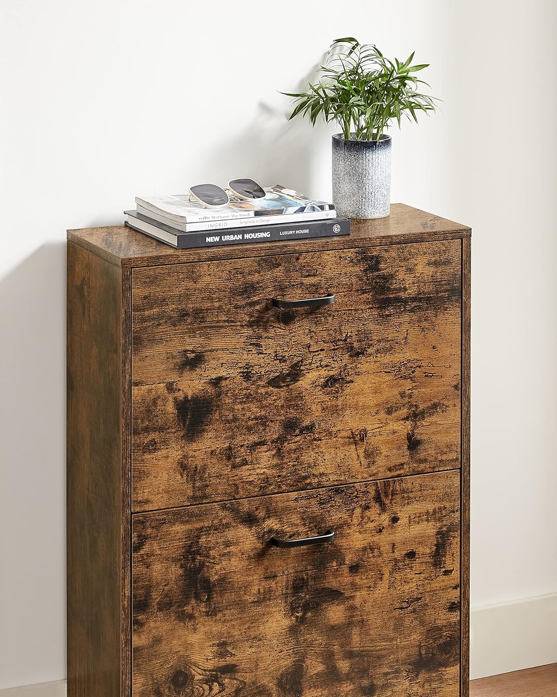 VASAGLE Dulap pantofi cu 2 usi rabatabile, din MDF, pentru 8-12 perechi, 60x24x84cm, maro rustic