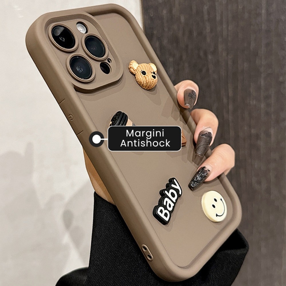 Husa de Protectie, Vafy, pentru Apple iPhone 16 Pro, Model Ursuleti 3D, Antisoc, Rezistenta la Impact, Protectie Camera, Maro