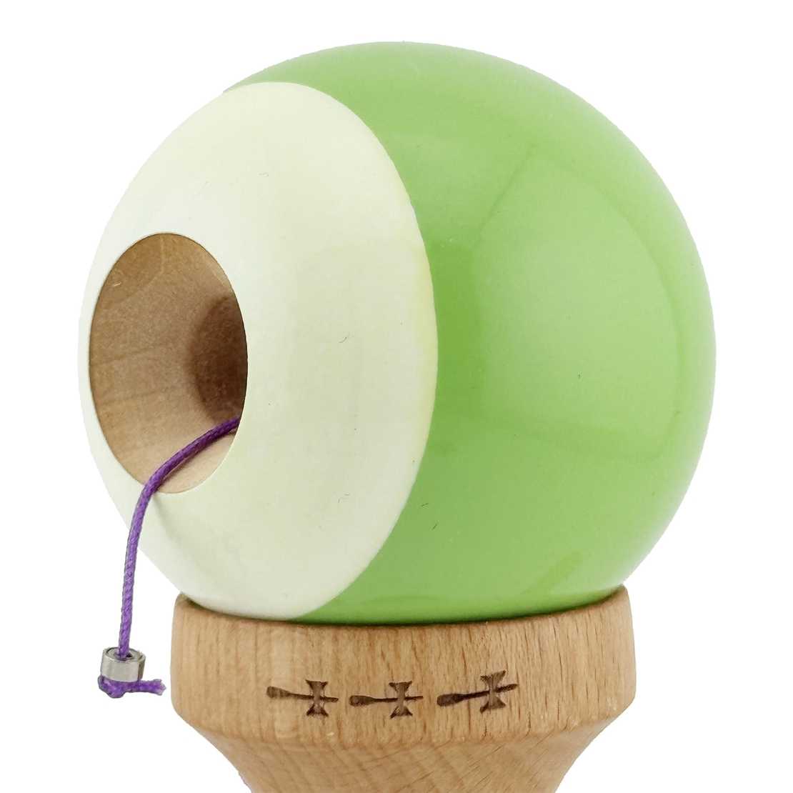 Kendama X Originala, Profesionala, Flippy, Big Cups V2, Super Sticky cu Cupe Mari, din lemn 18 cm, Rulment Metalic cu Ata 55 cm, Verde deschis/Alb