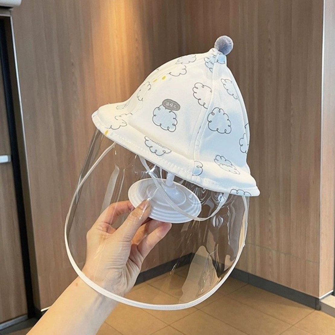 Palarie de Protectie pentru Bebelusi, Vafy, Model cu Norisori Albastri, Pescareasca, de Primavara si Toamna, cu Masca si Fermoar, 48 cm, pentru 6-12 Luni, Bleu