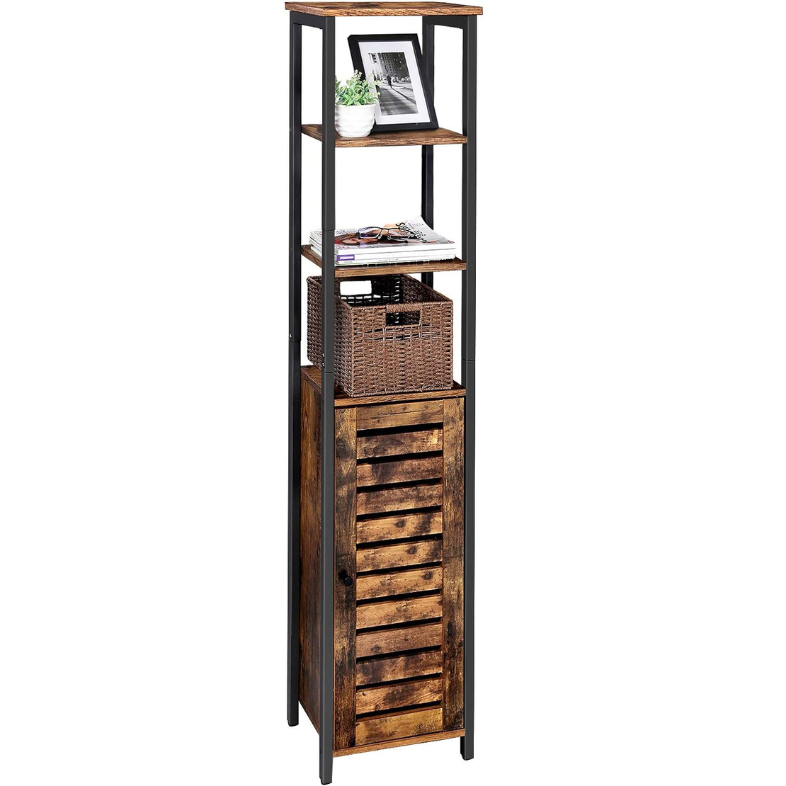 VASAGLE Dulap de depozitare in stil turn, 5 rafturi, compartiment cu usa, 37x30x167cm, maro rustic