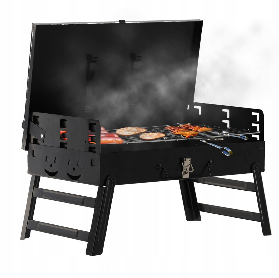 Gratar portabil pliabil tip valiza pentru camping, cu accesorii de gratar incluse, 45x30x30 cm