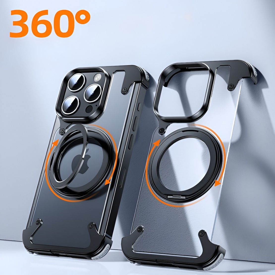 Husa de Protectie Compatibil cu iPhone 15 Pro, Vafy, Incarcare Wireless, Tehnologie Magsafe, Inel Magnetic Rotativ 360 cu Functie de Suport, Rama Metalica, Carcasa din PC, Negru Transparent