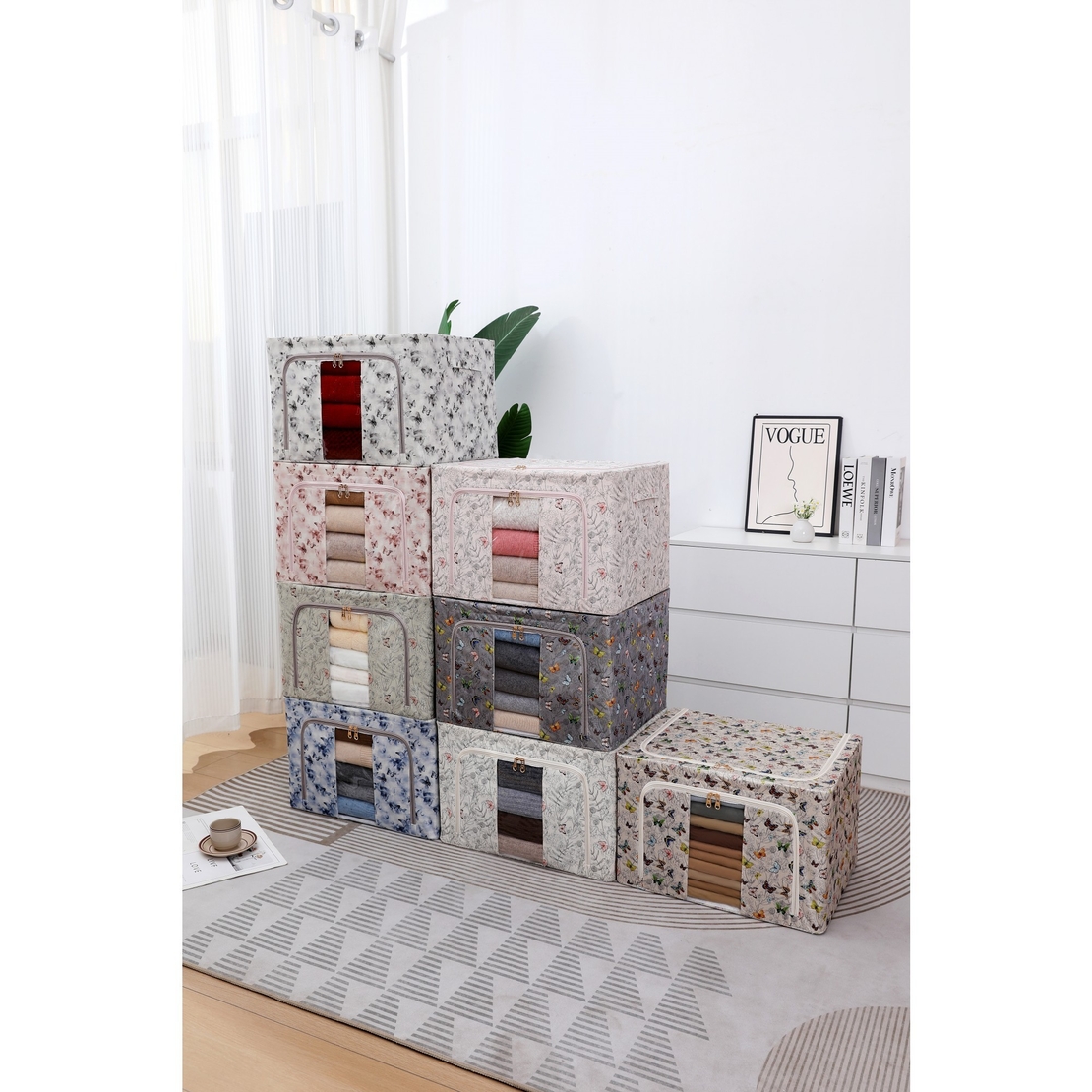 Cutie Depozitare, Vafy, 66L, din Material Textil, 50 x 40 x 33 cm, pentru Haine si Lenjerii, Model Fluturasi, Albastru