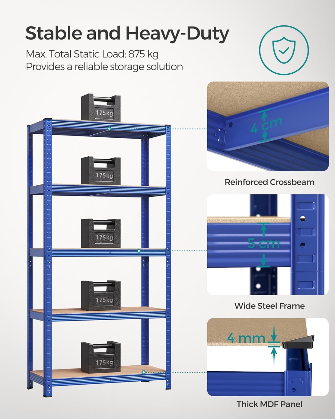 SONGMICS Raft de depozitare metalic, cu rafturi din MDF, 5 polite, max. 875 kg, 180x90x40cm, albastru