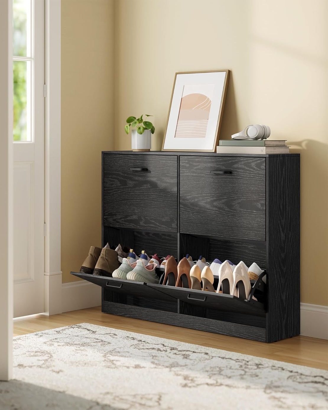 VASAGLE Dulap pantofi 4 clapete, compartimentare reglabila, 16-28 perechi de incaltaminte, 106x24x83 cm, negru abanos