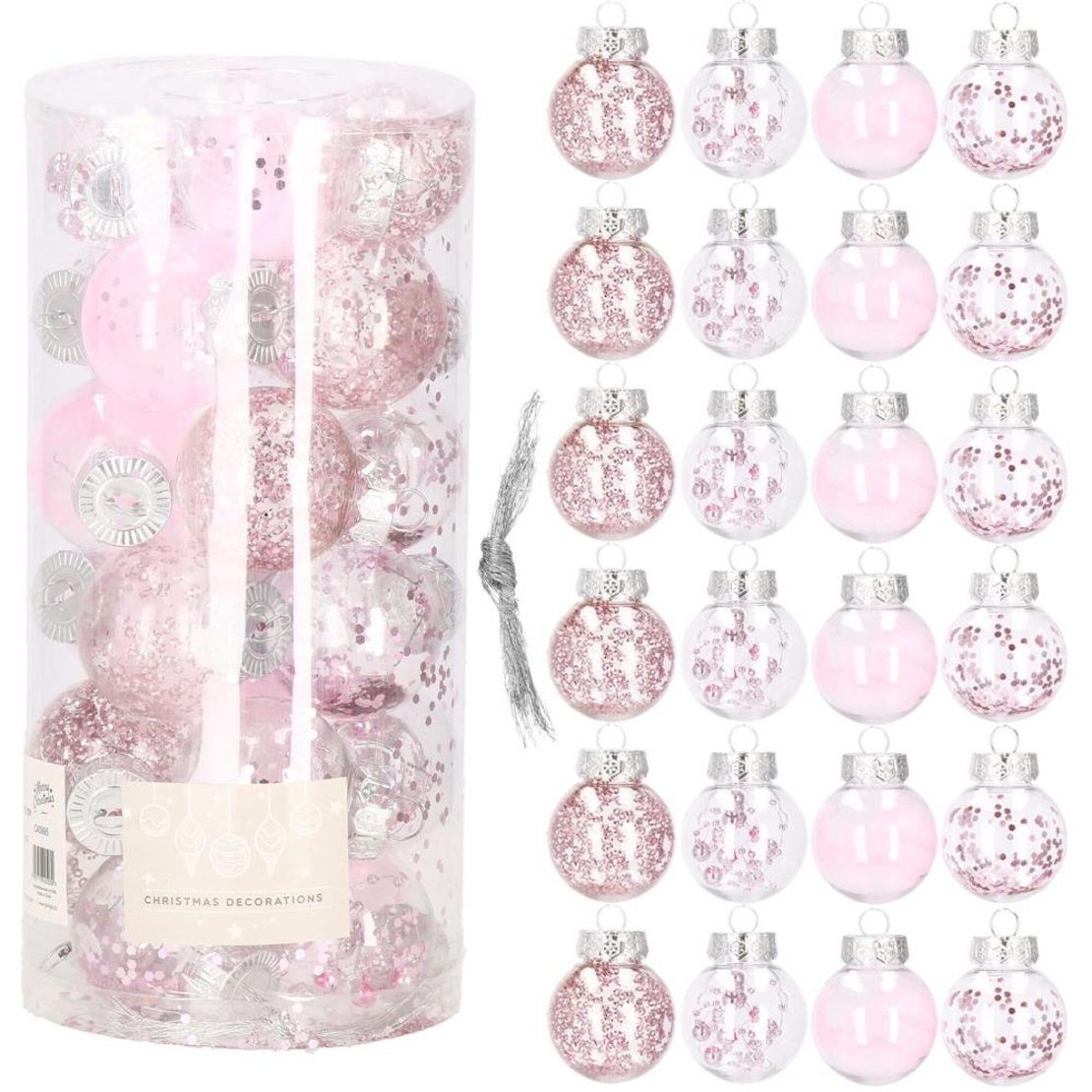 Set globuri de Craciun Inedit, 24 bucati, 5cm, transparente si roz pal