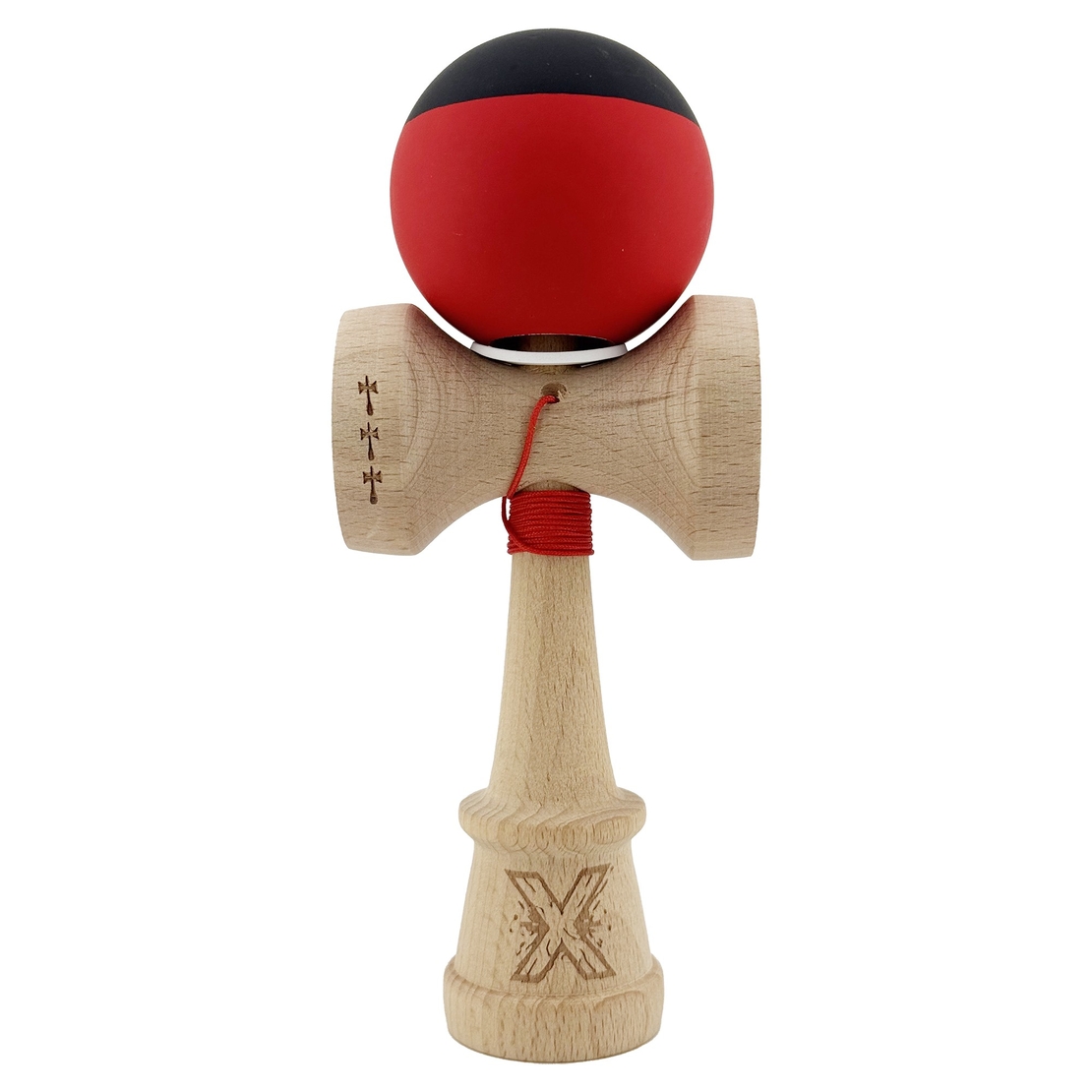 Kendama X Originala, Profesionala, Flippy, Cupe Mari KING SIZE V3, Rubber Grip, Gaura in Baza, Rulment Metalic, din lemn 18 cm, Ata 62/65 cm, Bicolor Negru/Rosu