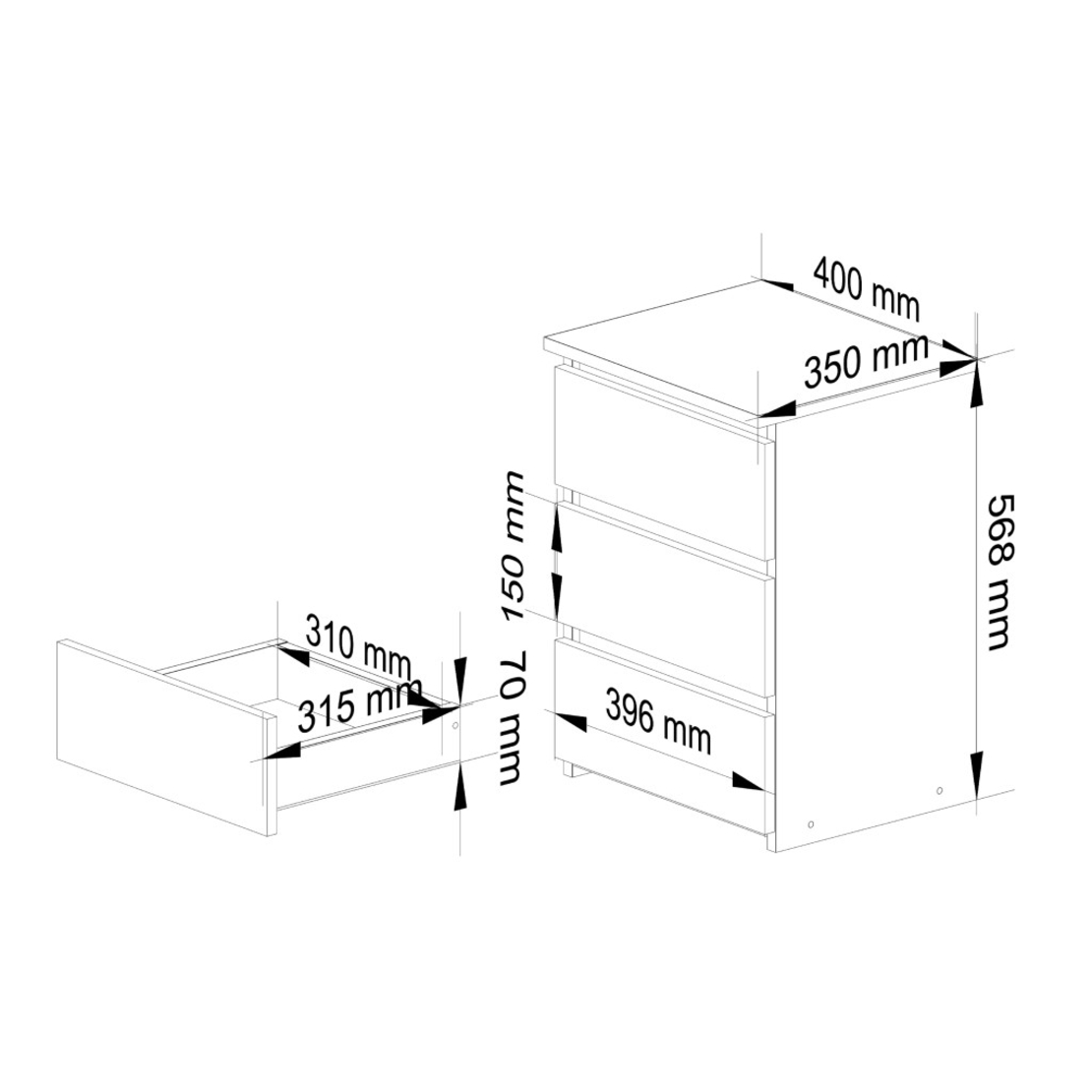Noptiera cu 3 sertare, PAL laminat 16 mm, 40x35x57 cm, stejar artisan si alb
