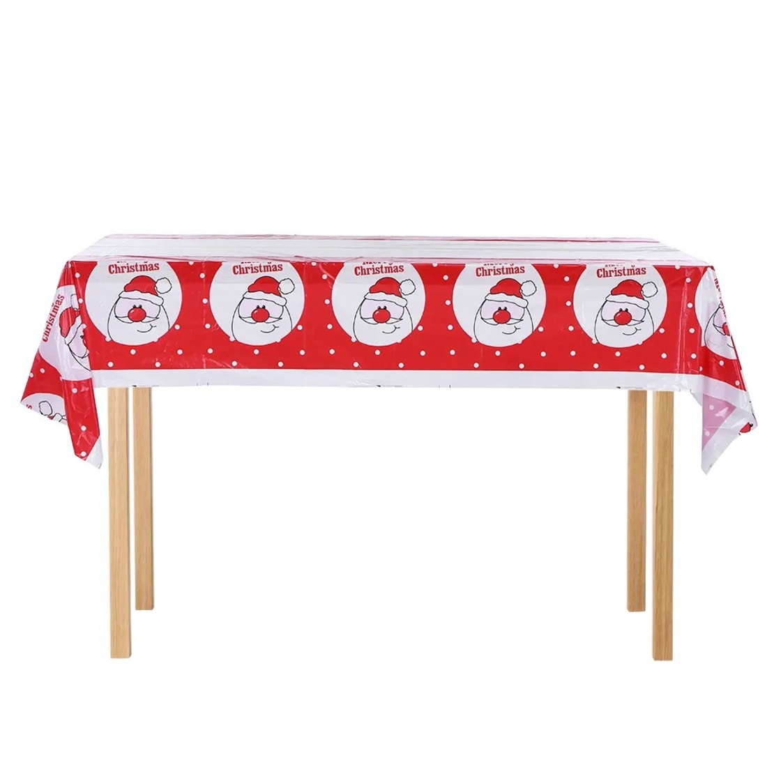 Fata de masa dreptunghiulara Flippy, PVC, 2.5 mm grosime, imprimeu Mos Craciun model 2, potrivit pentru Craciun, utilizare multipla, 180 x 108 cm, alb