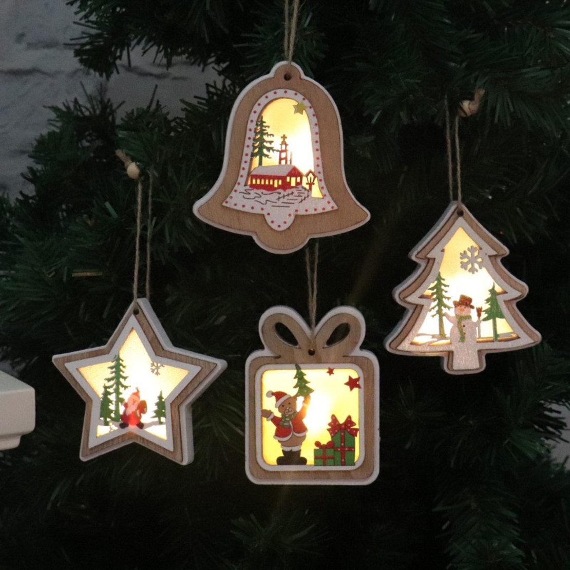 Ornament de Brad, Flippy, cu Lumini LED, din Lemn, Model Brad, Multicolor