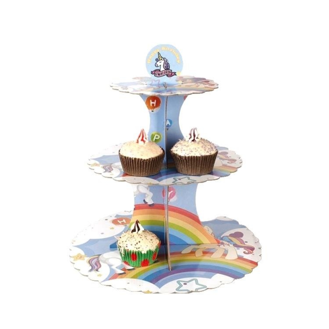 Etajera pentru Prajituri, Flippy, din Carton, 3 Nivele, 16/22/29 cm Diametru, Inaltime 38 cm, Tema Unicorni, Multicolor