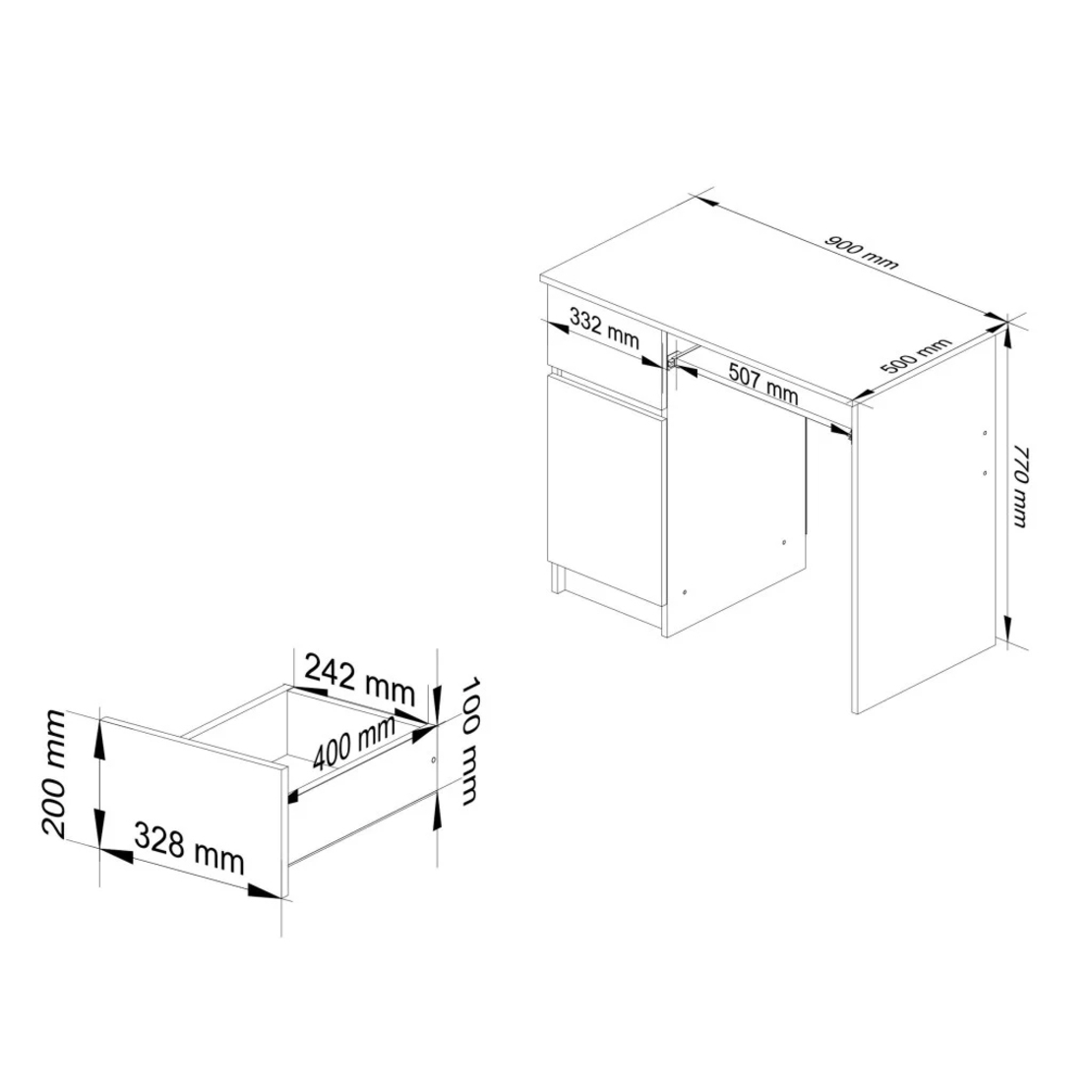 Birou computer PIKSEL, cu sertar, dulap si raft pentru tastatura, stanga, 90x50x77 cm, stejar sonoma si alb