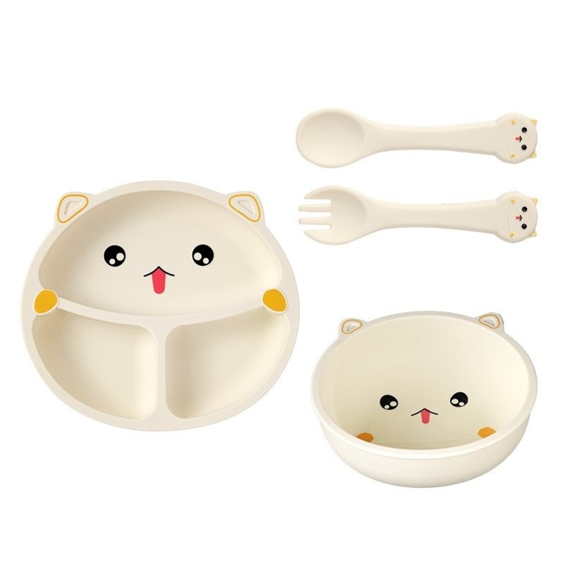 Set 5 Piese Hranire Bebelusi si Copii, Flippy, din Silicon, fara BPA, de la 12 Luni, Model Pisicuta, 28 x 26 x 2 cm, Bej