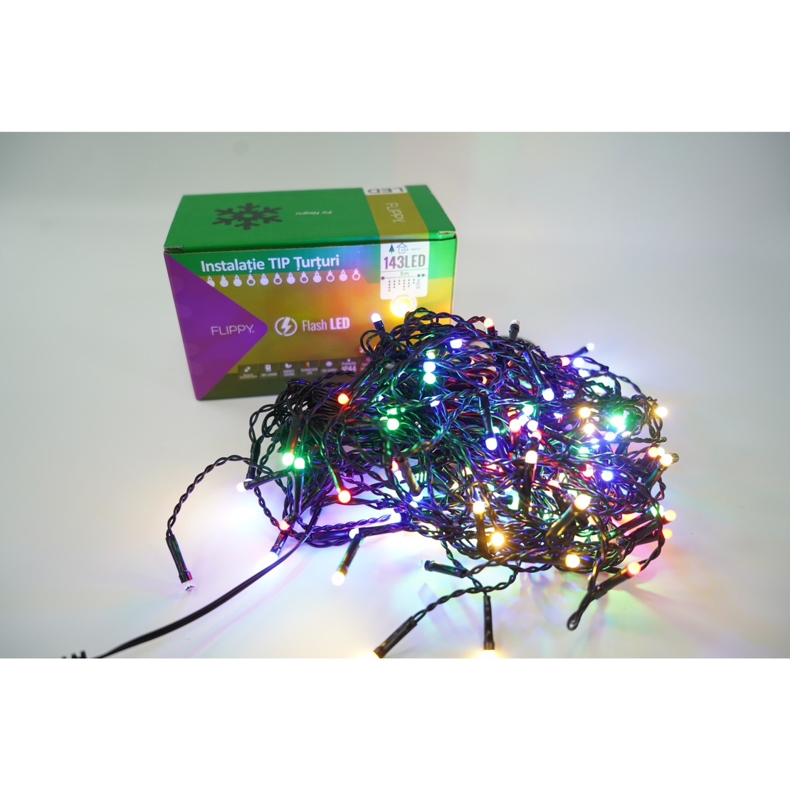 Instalatie de Craciun Flippy® Tip Turturi, Franjuri cu Flash, Sectiune 5 m, 143 LED-uri, Interconectabila, Fir Negru, Multicolor