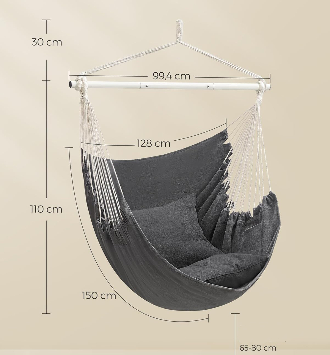 SONGMICS Fotoliu suspendat tip hamac cu 2 perne, lant si carabiniera incluse, 150x128 cm, gri inchis