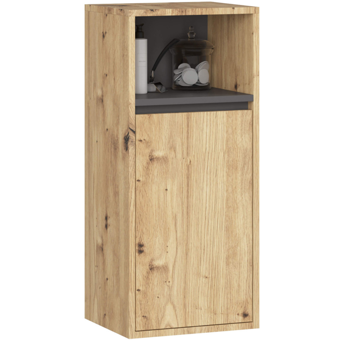 Etajera de baie suspendata, cu usa si 2 polite, PAL 16 mm, 35x30x80 cm, stejar artisan si gri
