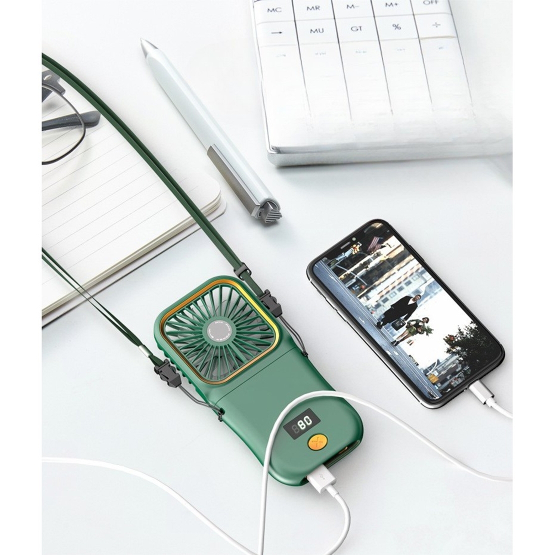 Ventilator Portabil Vafy, 3 in 1, de Mana, de Gat, de Birou, 16.7 x 8 x 1.9 cm, 3 Trepte de Viteza, Incarcare USB, Pliabil, Afisaj Digital, Suport Telefon, Verde