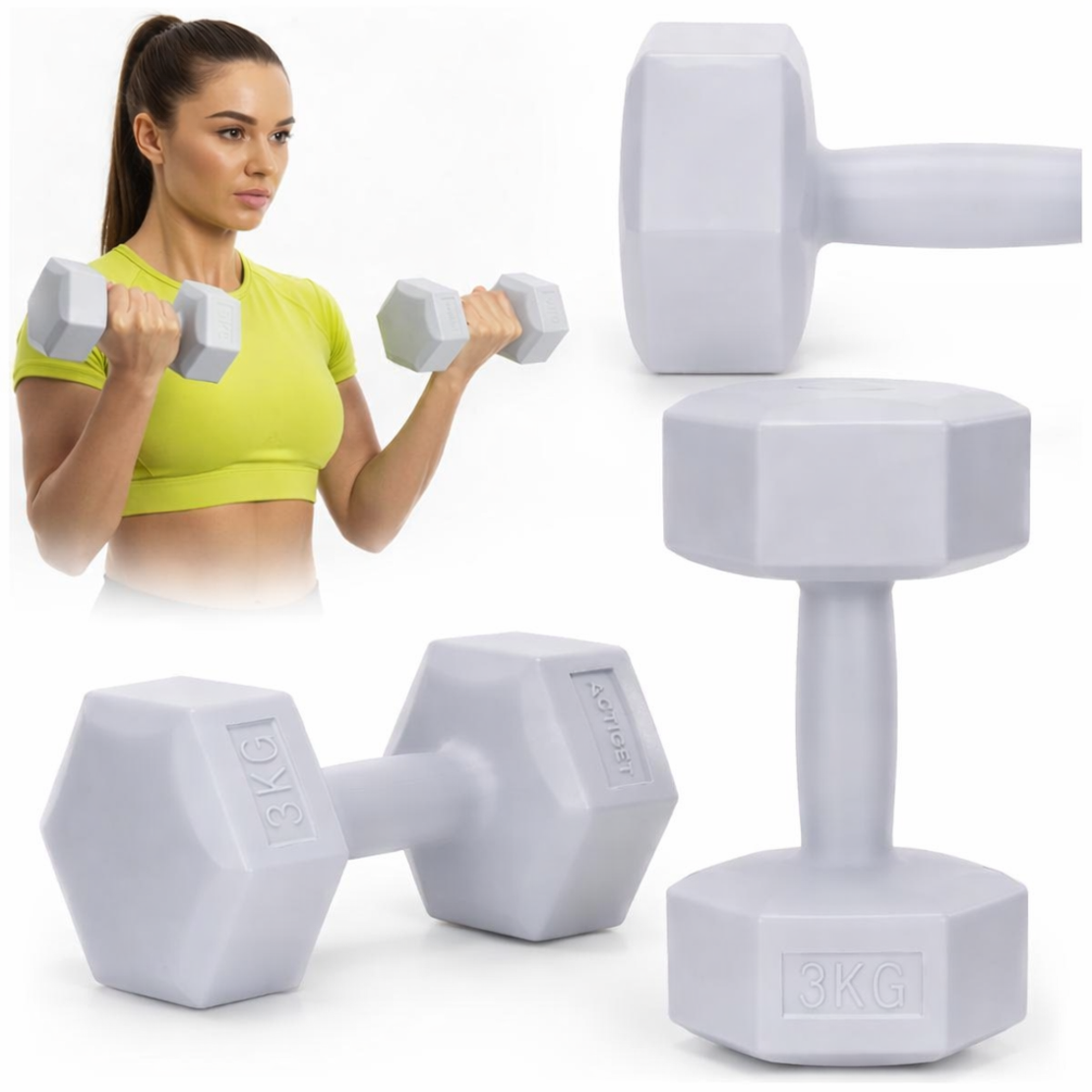Set gantere hex 2x3 kg, bitum cu invelis rezistent PP, gri