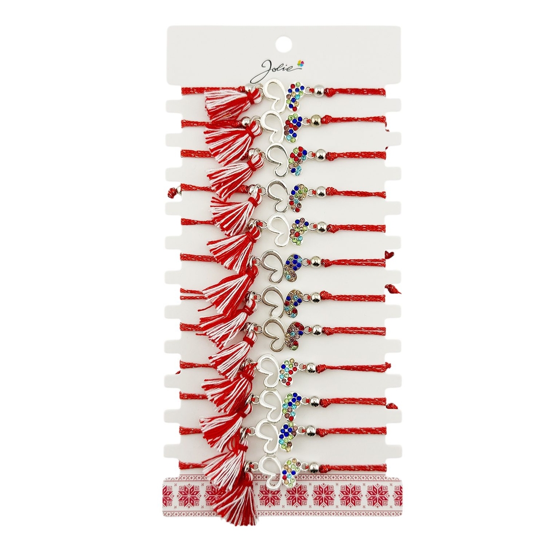 Martisor Bratara cu Ciucure pentru Dama, Jolie, Model Fluture cu Pietre Colorate, Set 12 bucati, Pandativ din Inox, Snur Reglabil, Rosu/Alb